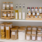 Luxe Minimalist Label Collection featuring labels for pantry items such as 'Flour', 'Sugar', 'Rice', and 'Pasta' in a modern, minimalist font.