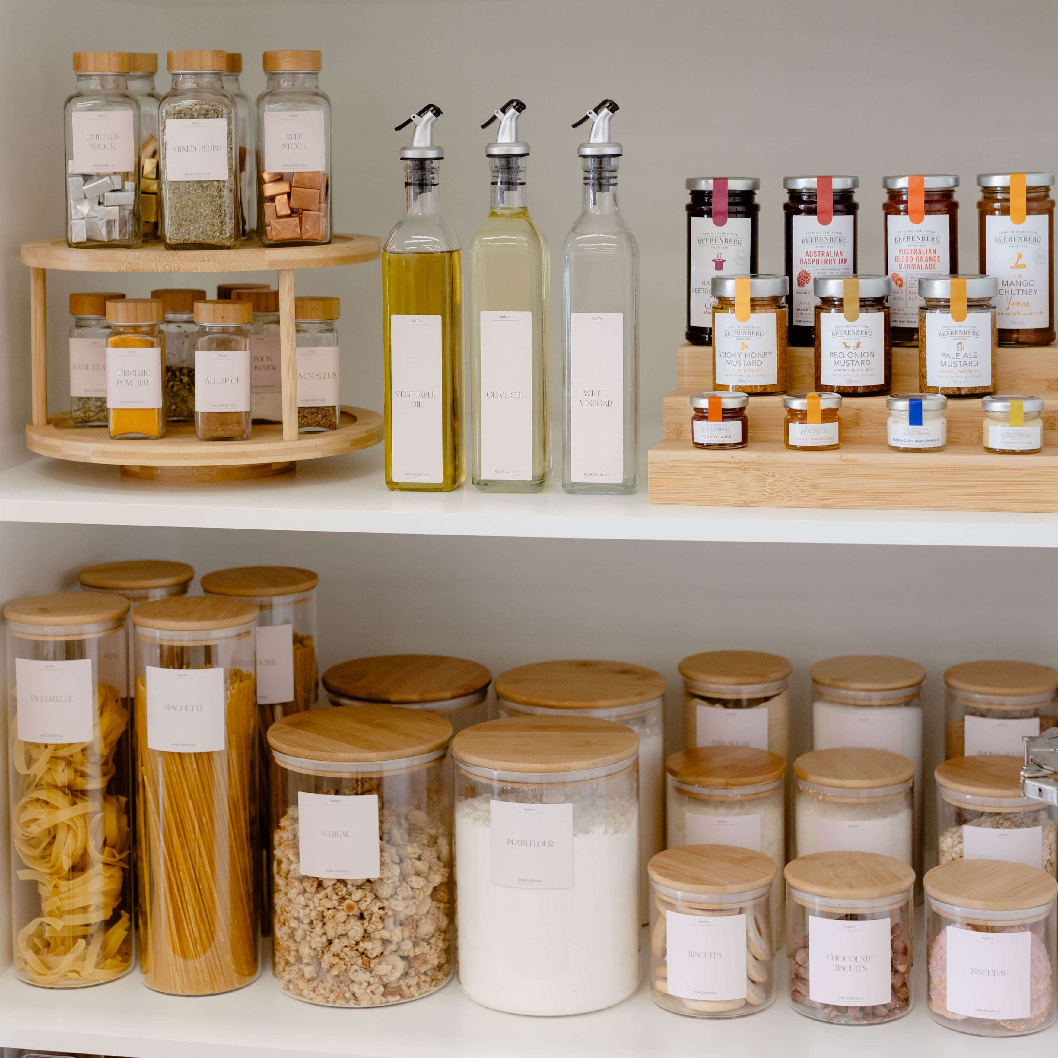 Luxe Minimalist Label Collection featuring labels for pantry items such as 'Flour', 'Sugar', 'Rice', and 'Pasta' in a modern, minimalist font.
