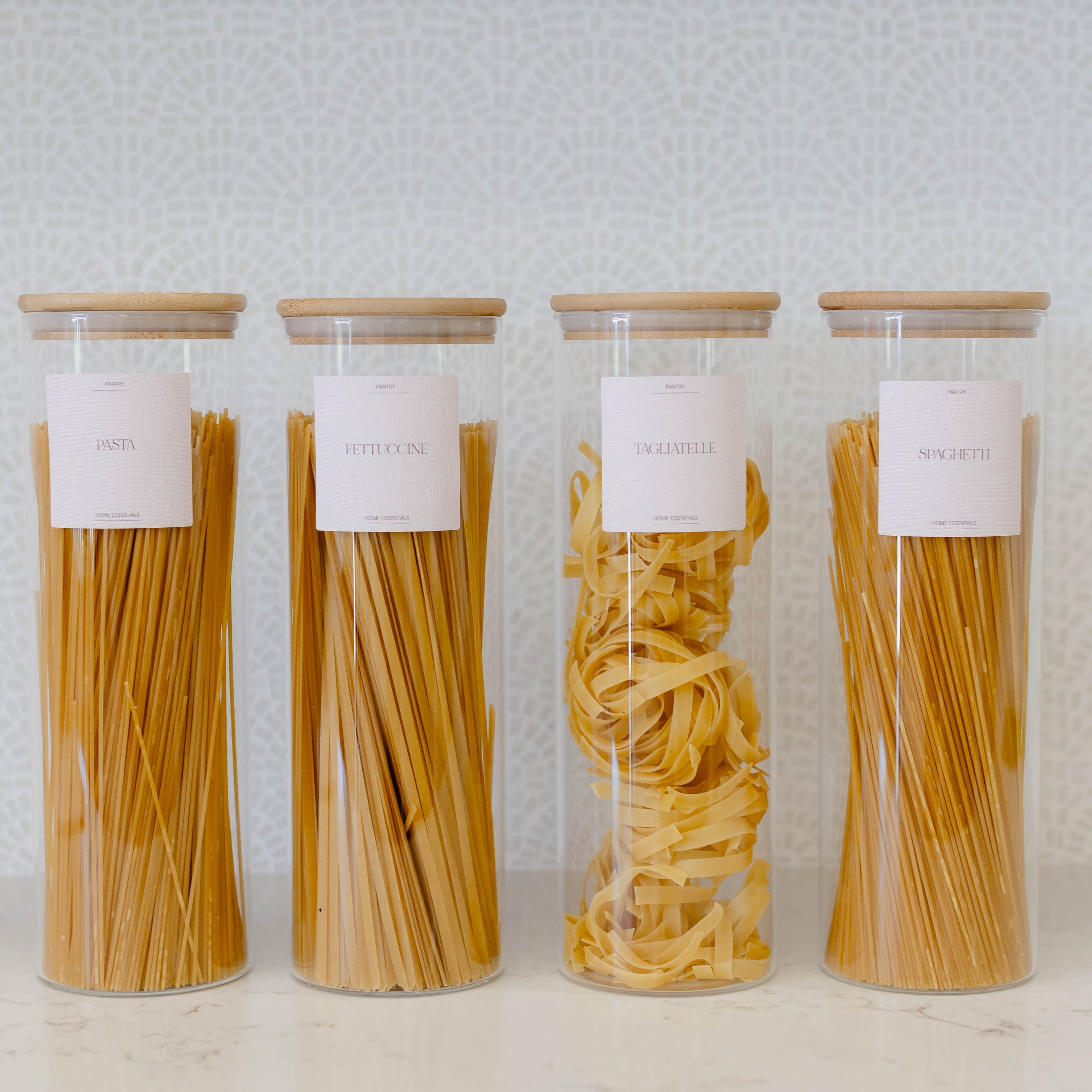 1.6L glass spaghetti jar by Pretty Little Designs, ideal for storing spaghetti and fettuccine.