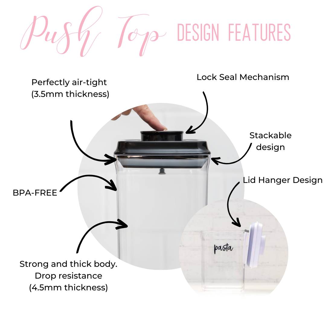 Easy-to-use black push top containers with airtight seals for freshness.