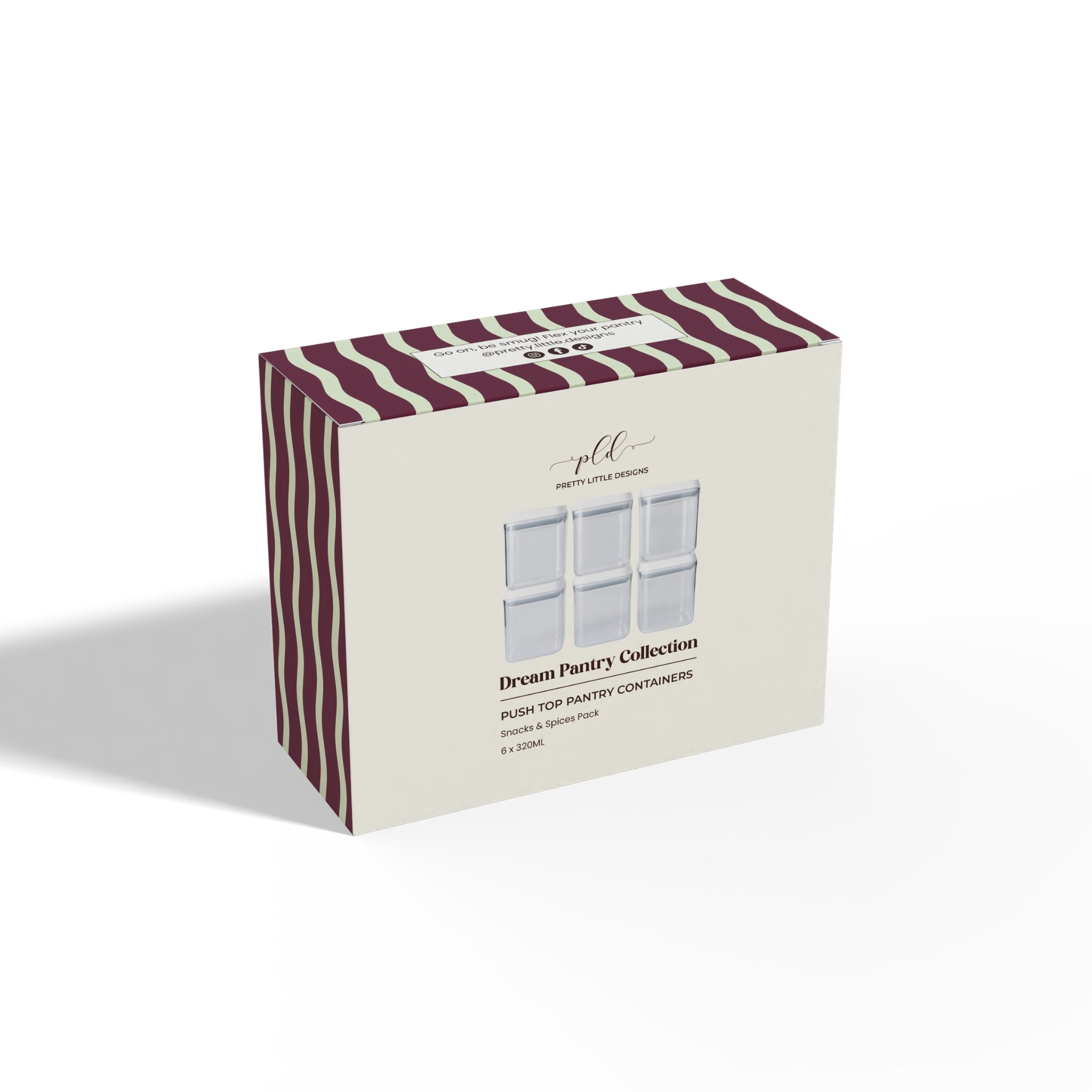Box with striped design and text on a white background