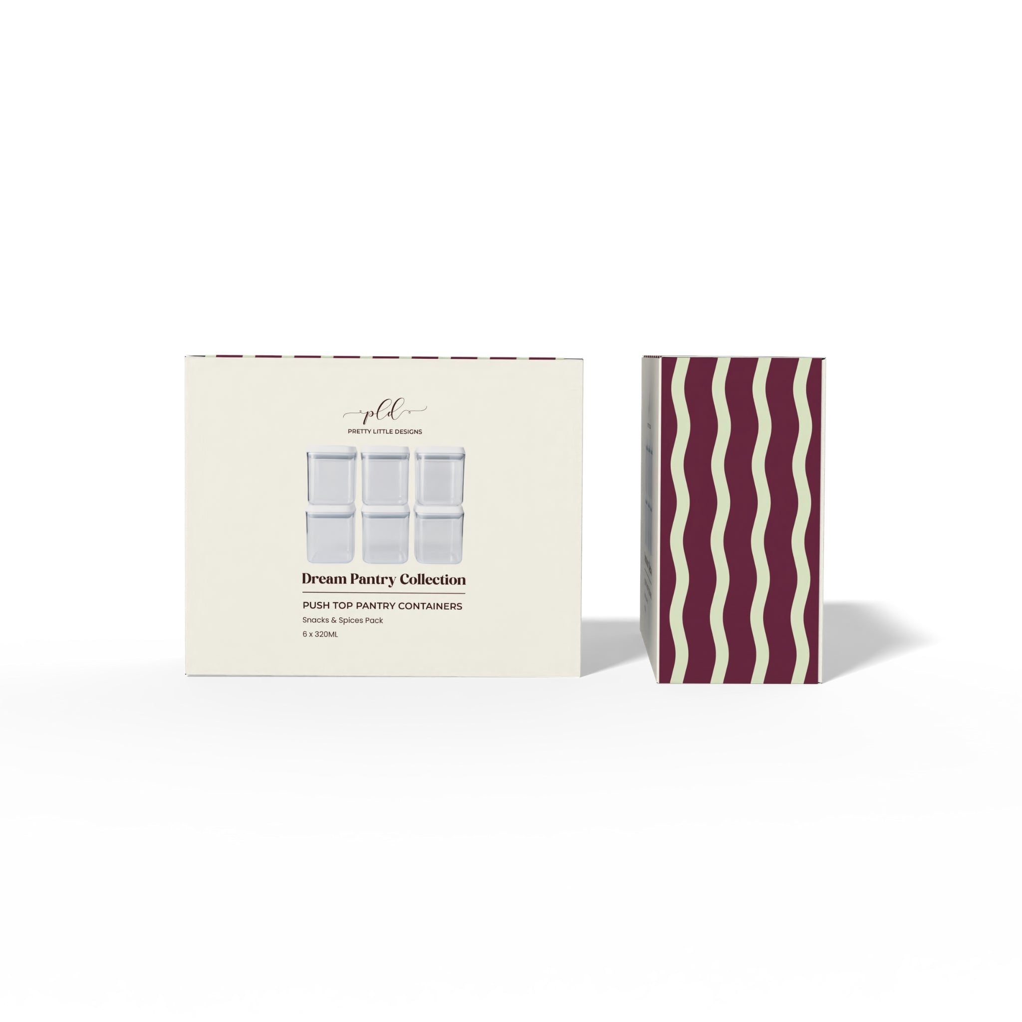 Packaging box for small pantry storage containers with a striped box on a white background