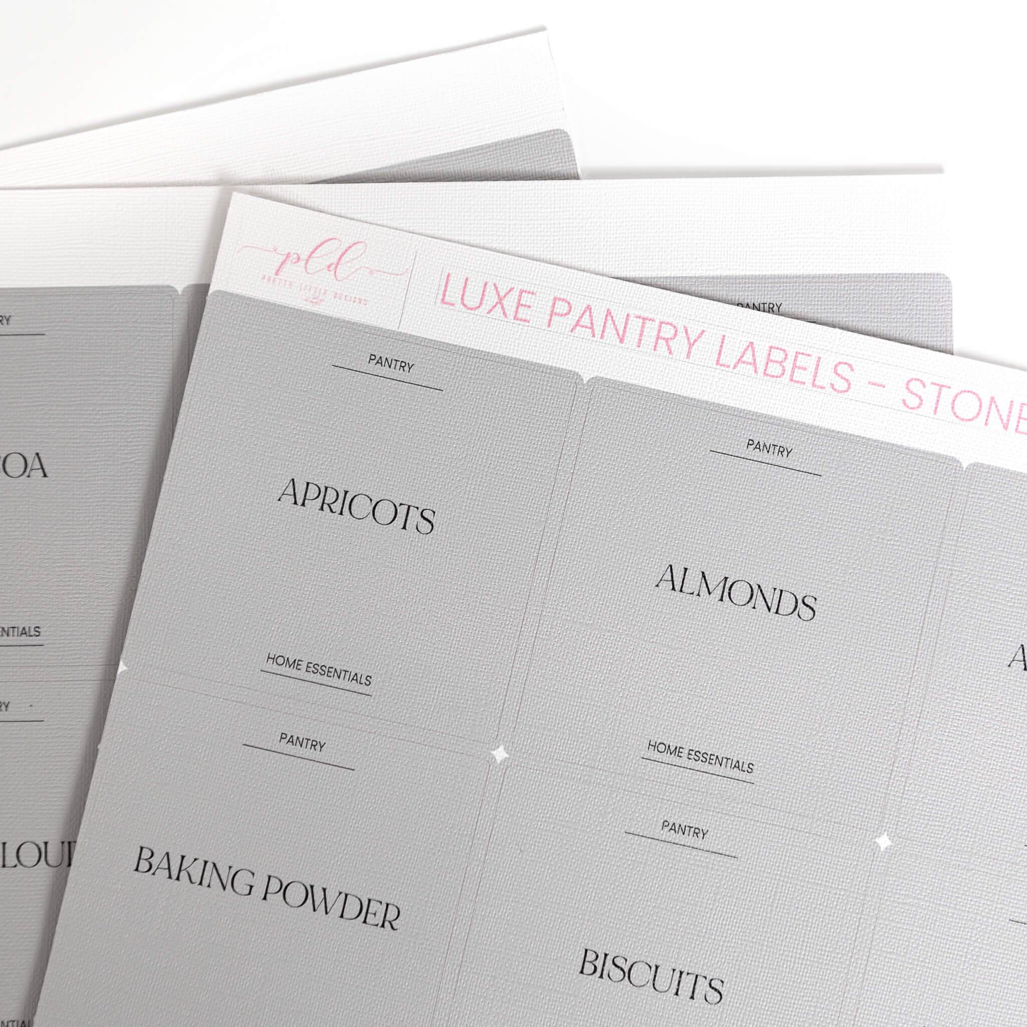 close up of Luxe Minimalist Labels showing the high-quality, easy-to-read text for 'Oats', 'Rice', and 'Pasta'.