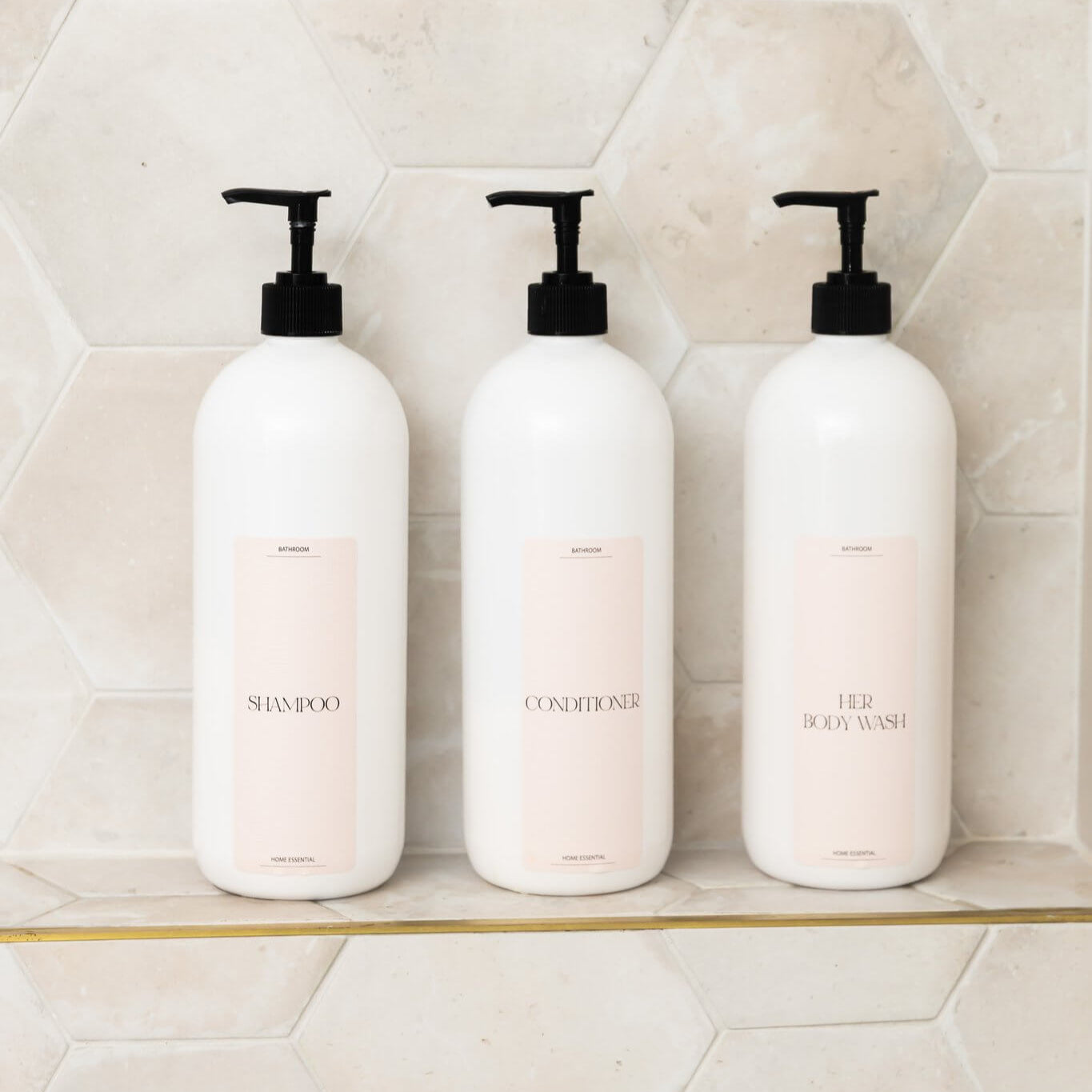 Luxe waterproof bathroom labels made from canvas-textured vinyl