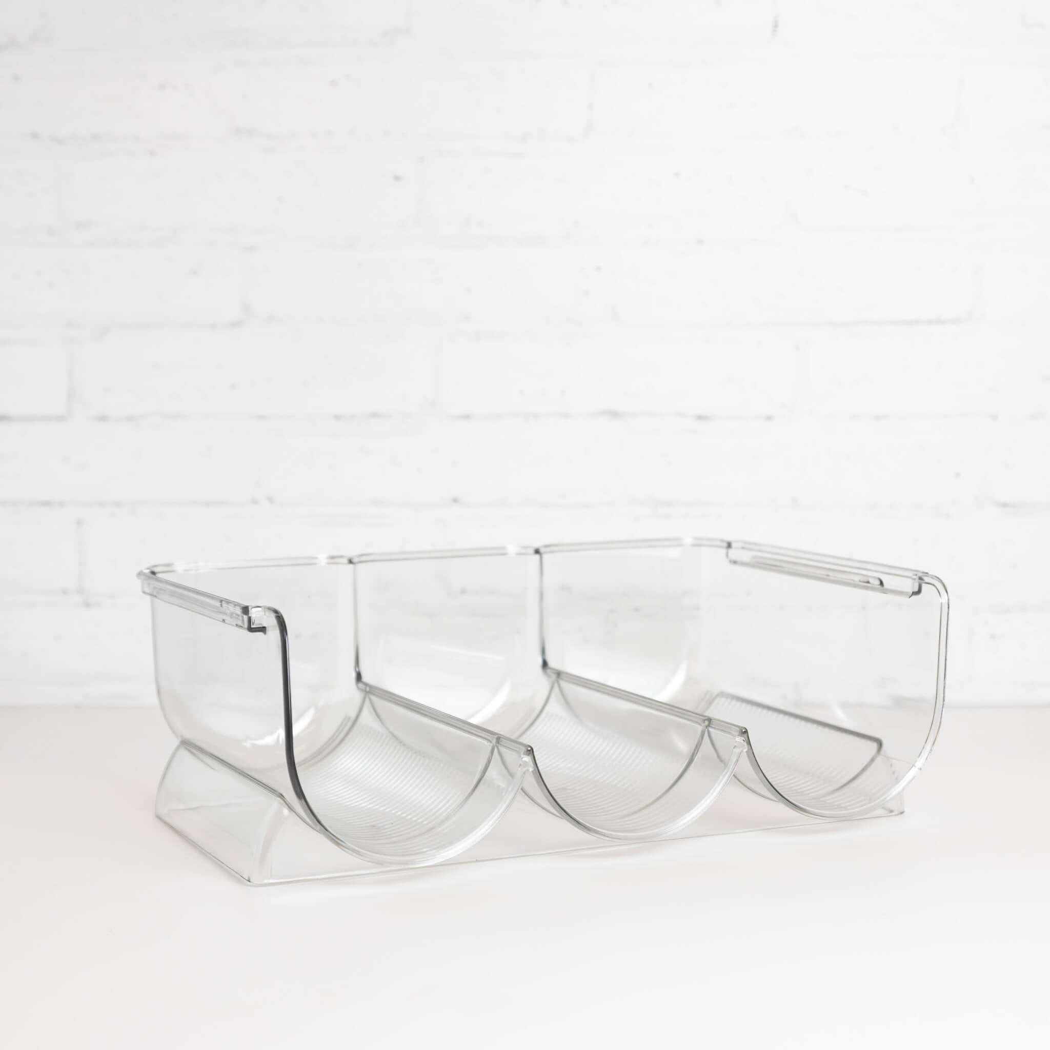 Stackable wine holder designed to maximise fridge space.