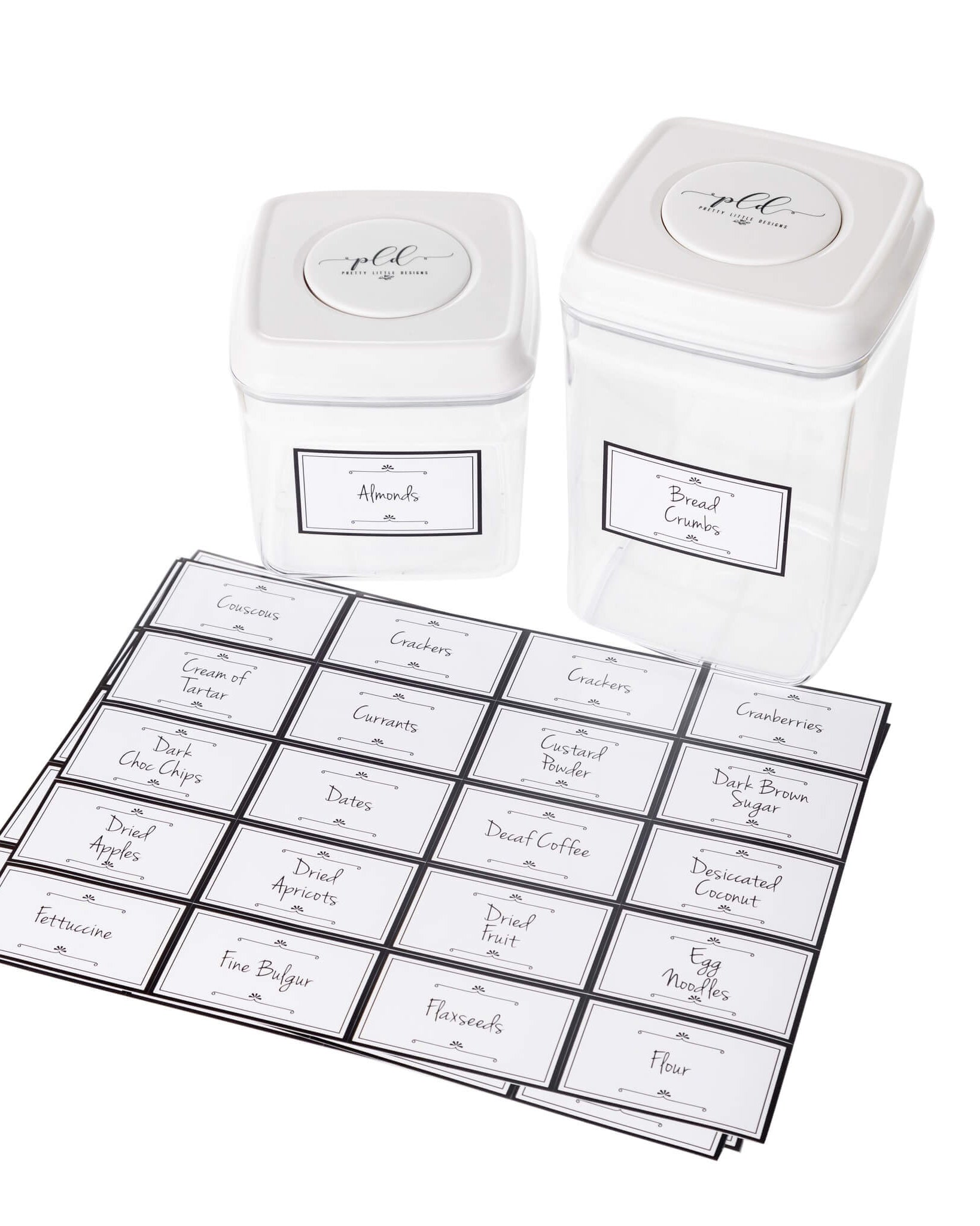 Daisy White Pantry Labels set for organised kitchen storage.