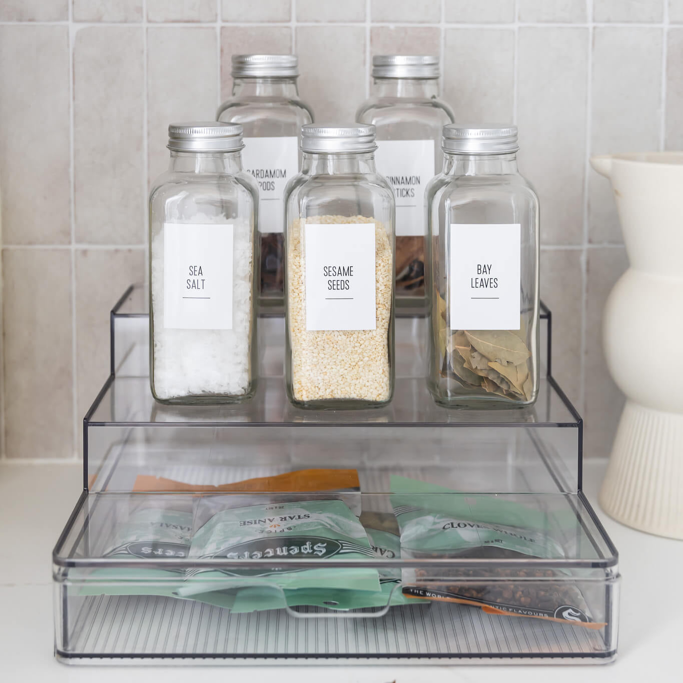3 tier spice organiser with built-in drawer and glass jars