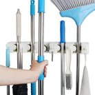 Cleaning Accessory Holder with space for 5 brooms and 6 foldable hooks for organised storage.