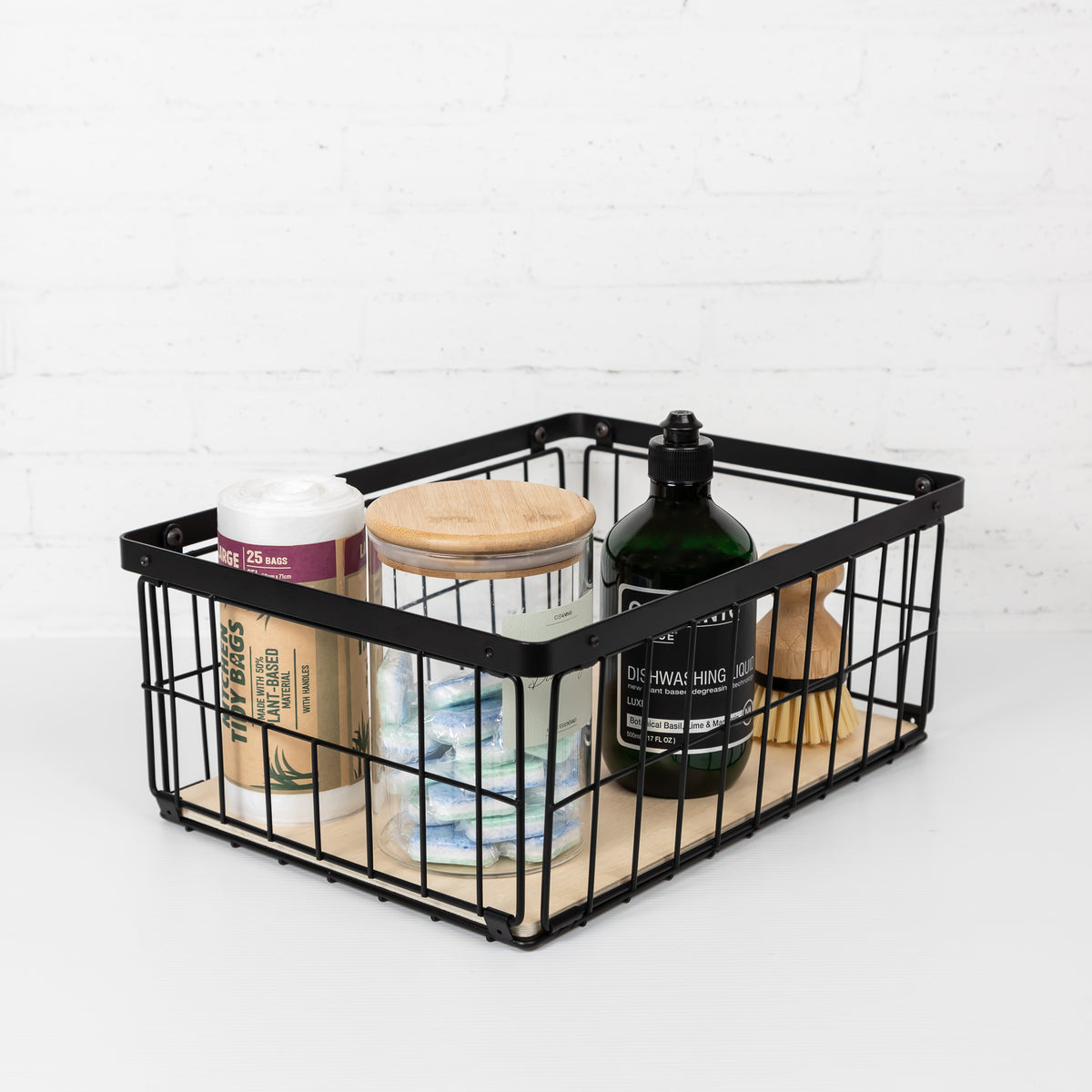 Black Wired Metal Basket with Wooden Base