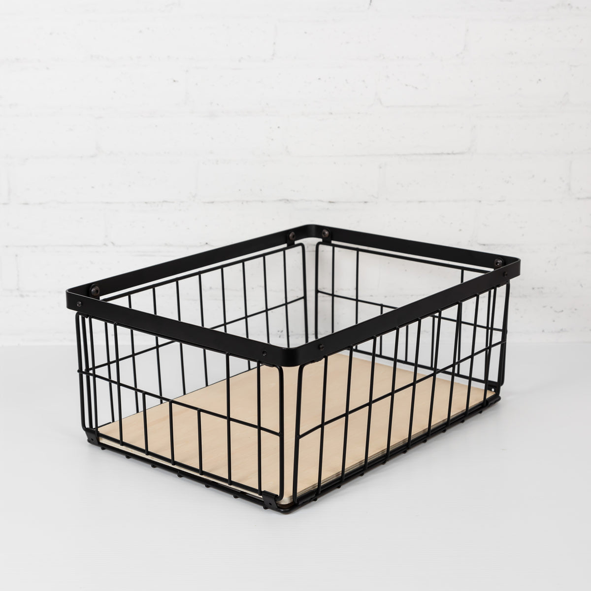 Black Wired Metal Basket with Wooden Base
