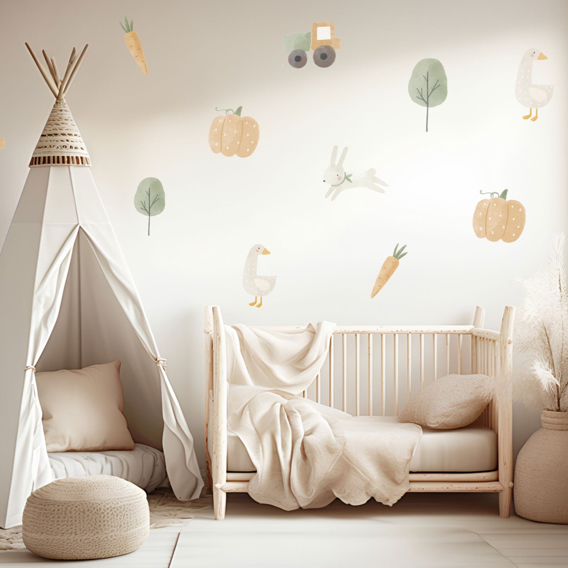 Add a dash of farmyard fun to your home with our Farm Print Wall Decals. Featuring charming designs like little tractors, trees, carrots, pumpkins, bunnies, and geese.