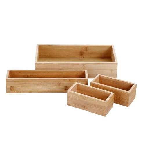 4-piece bamboo organisation tray set for stylish storage solutions.