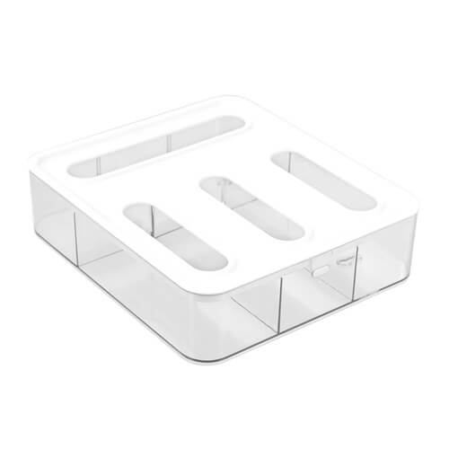 Clear sandwich zip bag organiser showcasing its 4-section design.