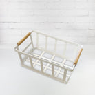 Durable white pantry storage basket with wooden handle
