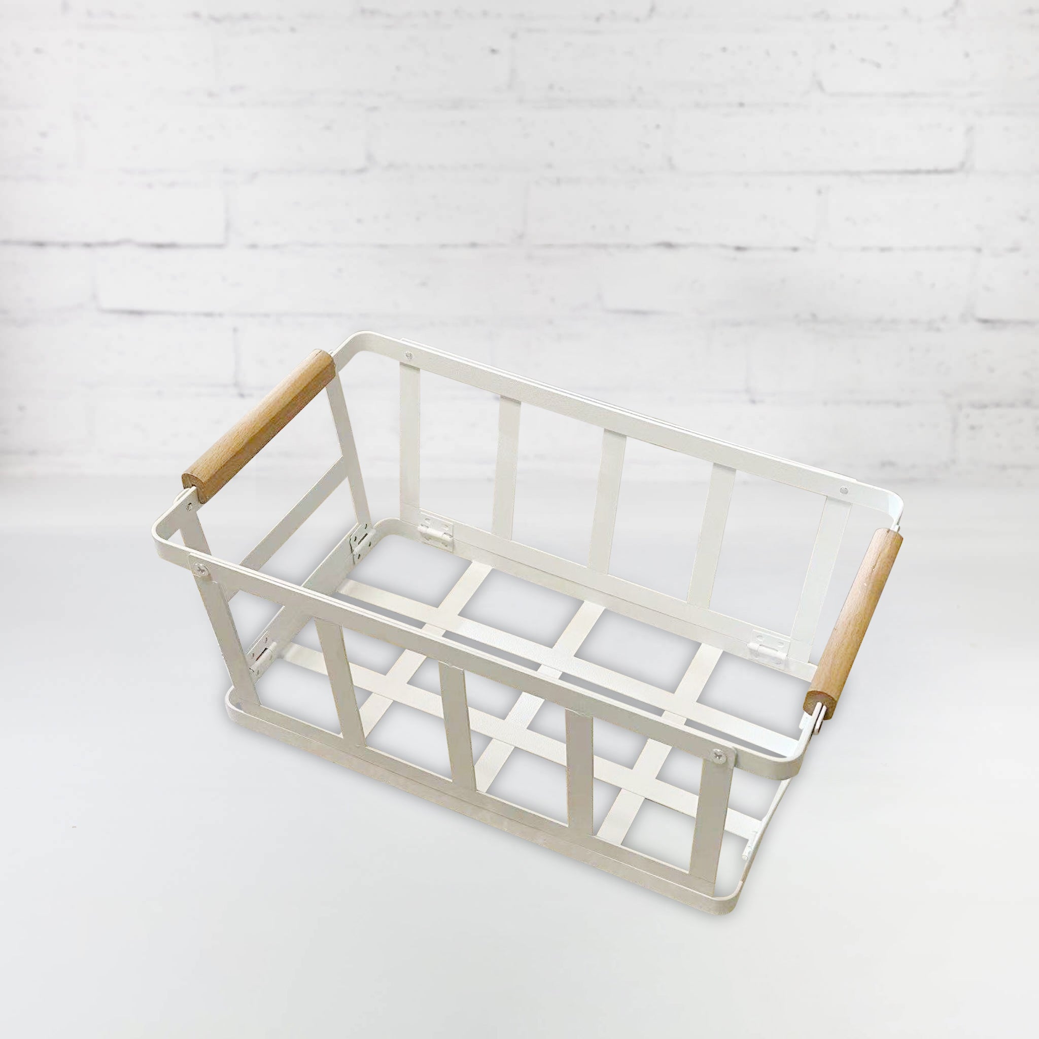 Durable white pantry storage basket with wooden handle