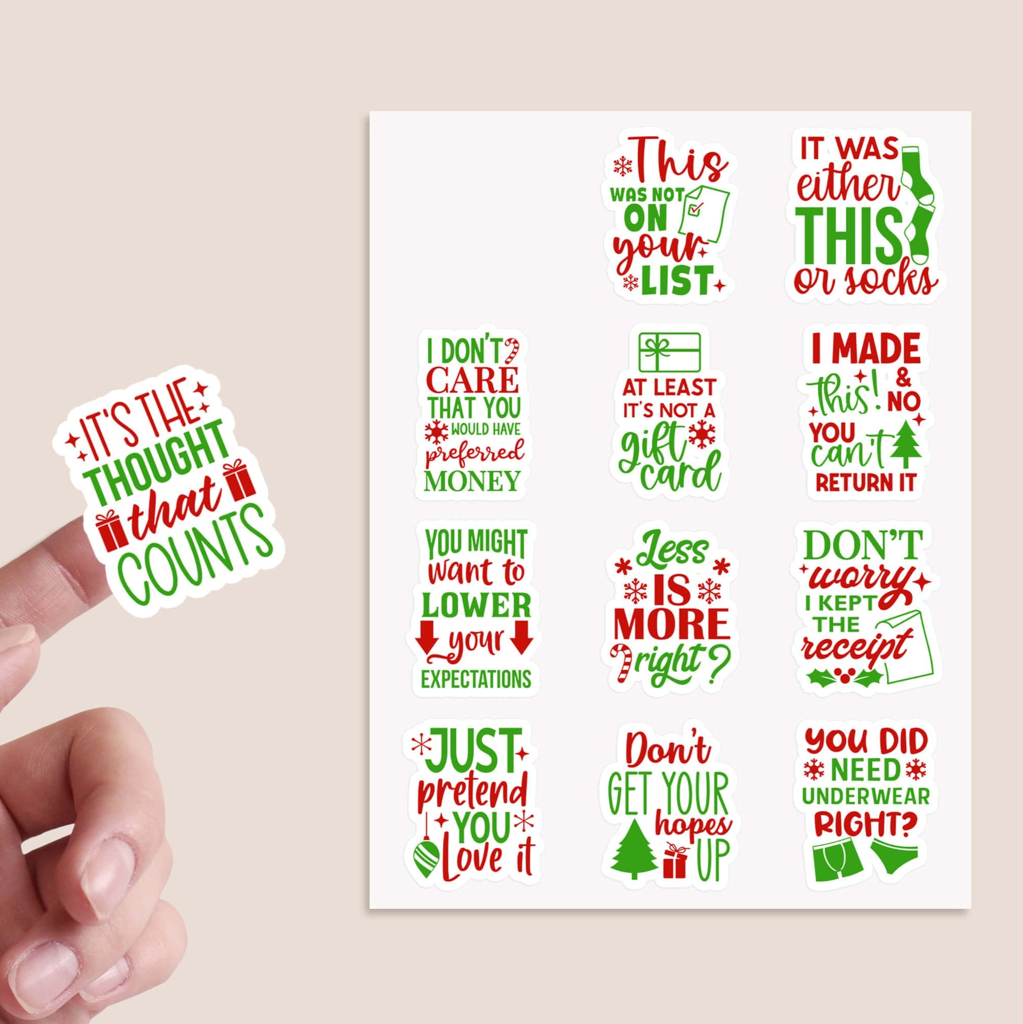 Funny Christmas Sticker Labels featuring humorous phrases for festive gift decoration.