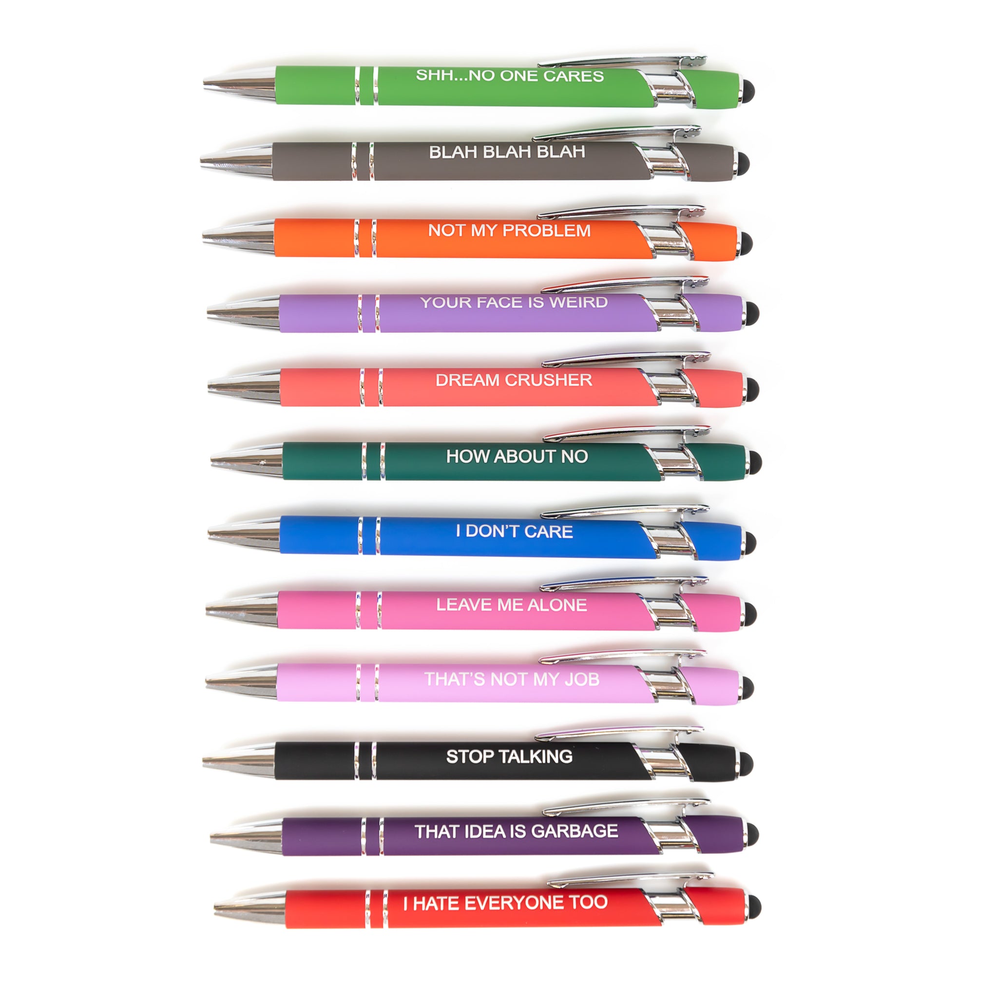 Collection of Funny Ball Point Pens featuring humorous work quotes for office use.