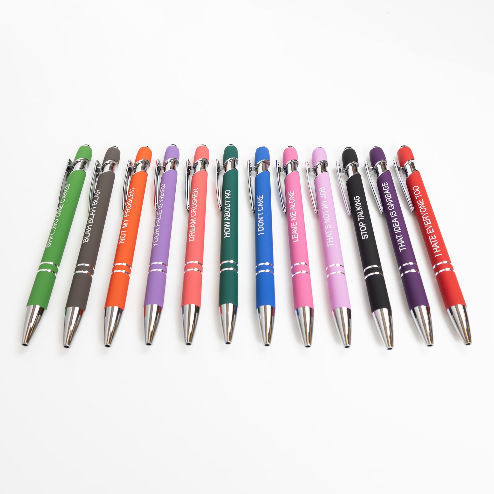 Funny ball point pens with motivational quotes such as “Make It Happy” and “You've Got This.”