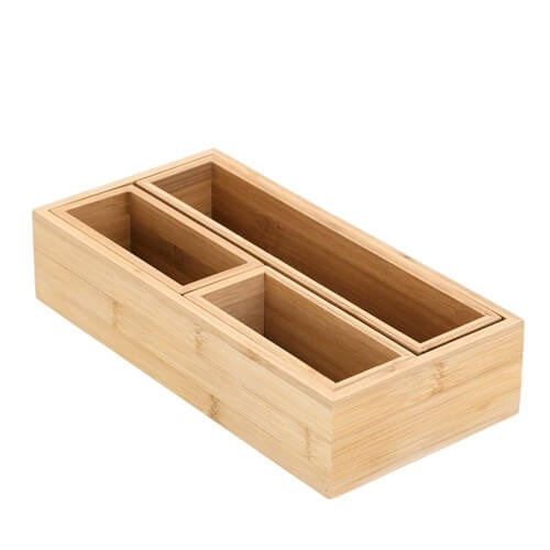 Modular bamboo organisation trays designed to stack securely for space-saving.