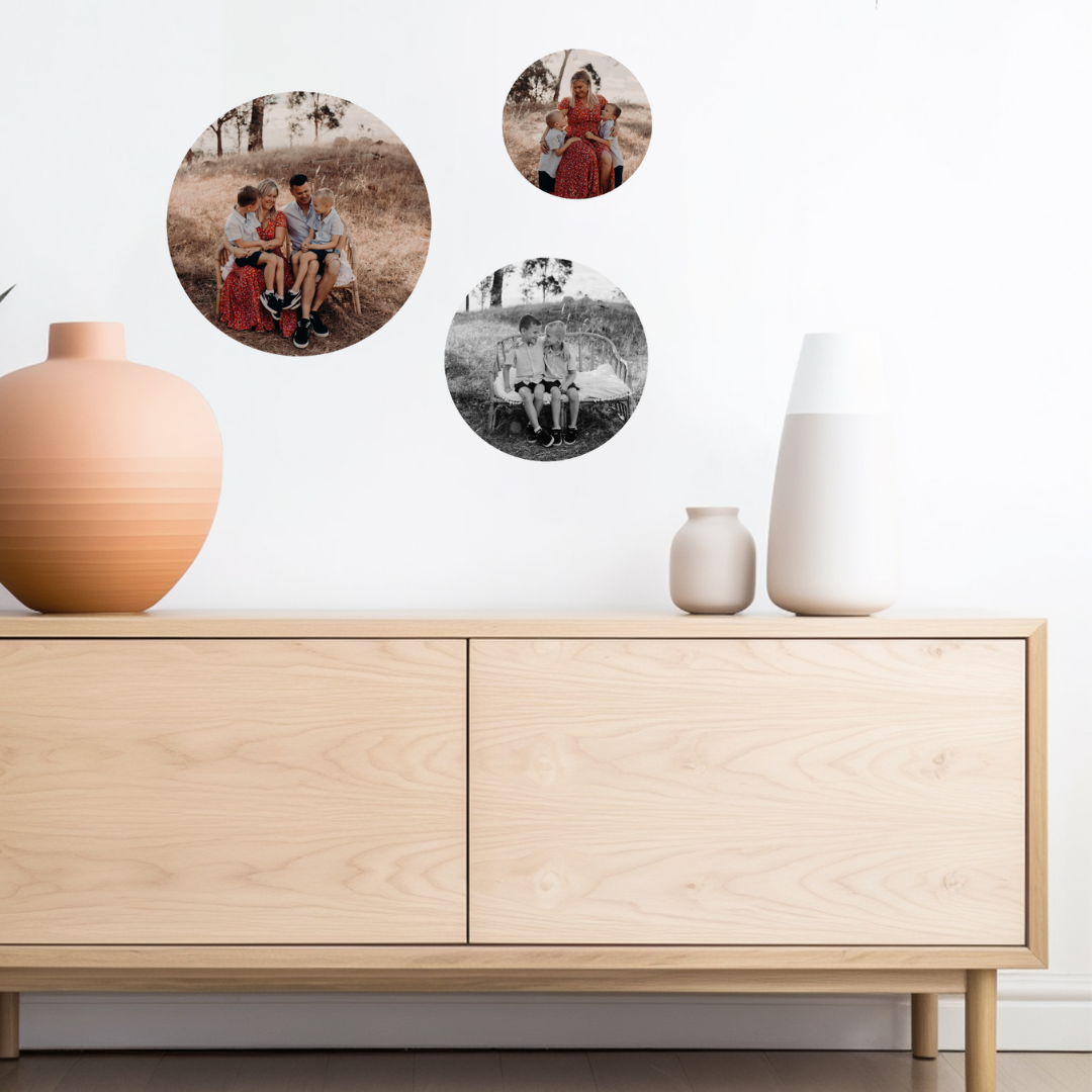 Photo wall decals displayed in a home setting, showcasing personal memories.