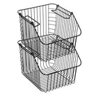 Set of 2 wire stacking baskets in assorted colours for pantry organisation.