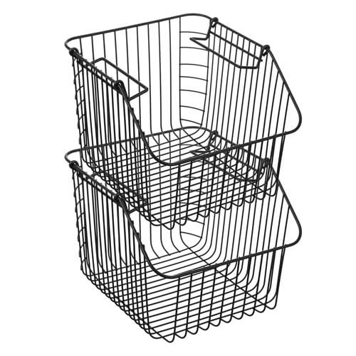 Set of 2 wire stacking baskets in assorted colours for pantry organisation.