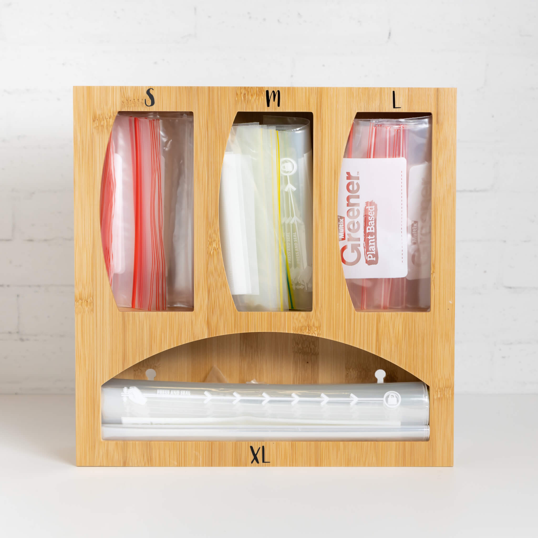 Bamboo Sandwich Bag Organiser keeping bags neatly arranged.