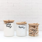 Set of 3 Natural Bamboo and Glass Storage Jars with String Lids.