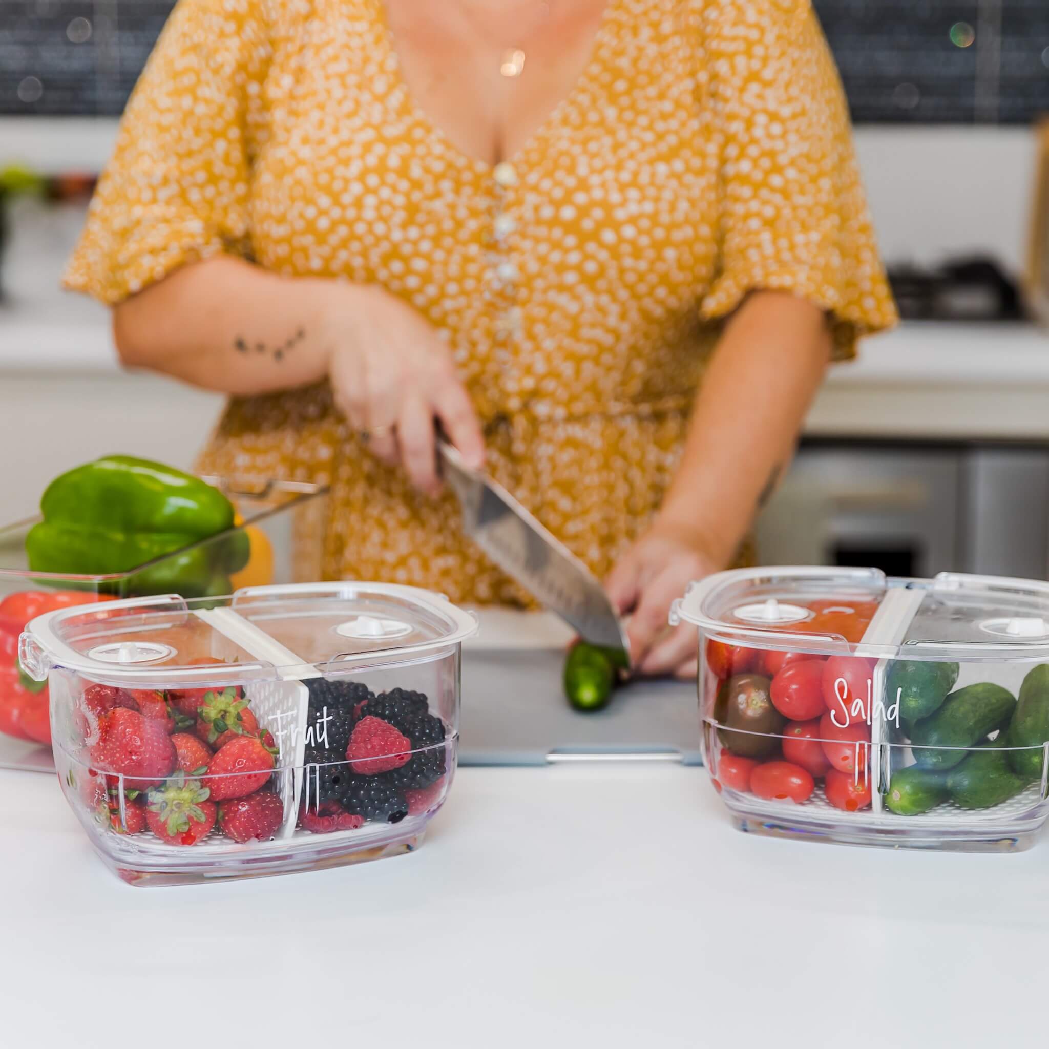 Two medium fridge keepers (21cm x 14cm x 12cm) for storing fruits and vegetables.