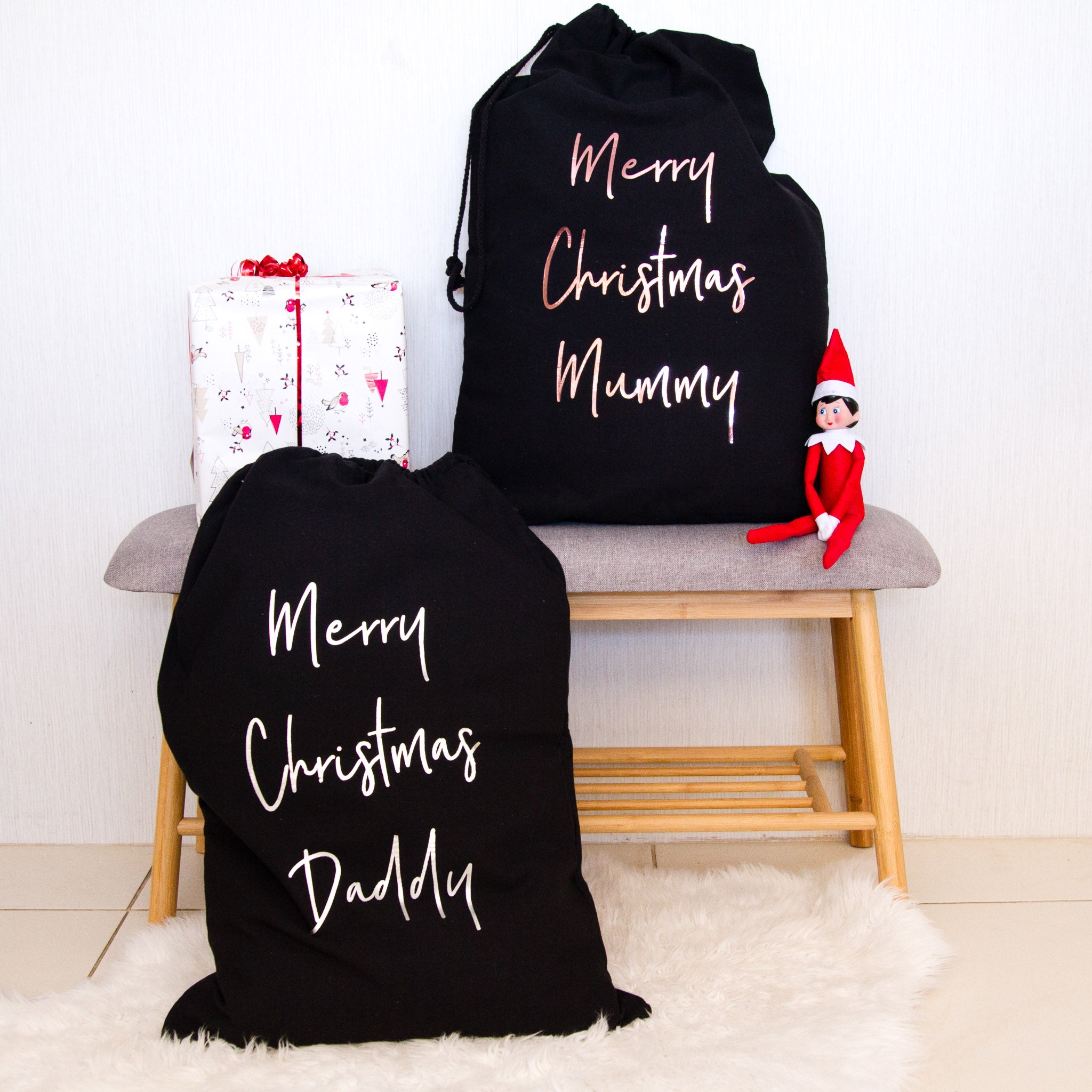 Merry Christmas personalised Santa sack for storing gifts and treats during the festive season.