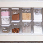 Stackable pantry containers for organised storage of dry goods and spices.